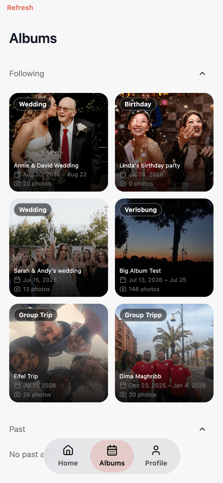 Albums list with weddings, trips, and parties in one place